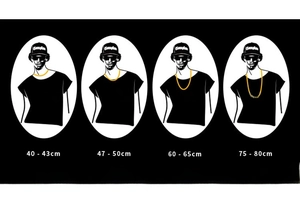 Necklace size guide showing four different pendant lengths from 40cm up to 80cm on a model