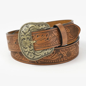 Retro Western-style brown leather belt with ornate floral carving and brass buckle