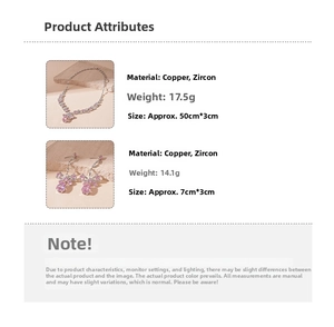 Detail view of pink zircon bow necklace and earrings set with specifications and dimensions