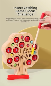 Macro detail of wooden apple tree puzzle with magnetic worms and numeric picking tools