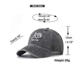Size chart for dark gray washed cotton baseball cap with Paris embroidery and 95g weight