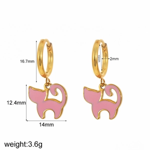 Pink enamel cat charms on 18k gold plated stainless steel hoops earrings with dimensions