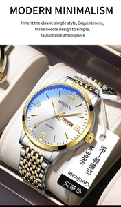 Detail of men's bicolor quartz watch with white dial and double calendar display