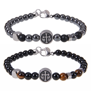 Natural Stone Beaded Bracelet With Stainless Steel Cross Charm Obsidian Tiger Eye Adjustable Jewelry For Men Unisex Retro Style
