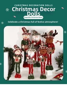 Detail of Christmas telescopic plush dolls featuring Santa, Snowman and Reindeer characters