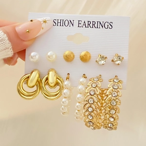 6-piece gold alloy earring set featuring faux pearls, rhinestones and geometric hoops