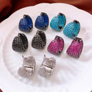Asymmetrical teardrop huggie earrings with colorful pavé cubic zirconia settings