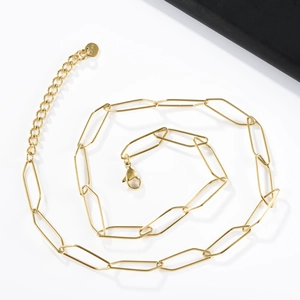 Detailed macro view of the gold paperclip chain necklace with lobster clasp and tag