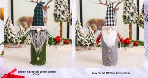 Close-up of green and grey gnome wine bottle covers with checkered hats for Christmas