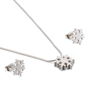 Polished stainless steel snowflake necklace and earrings set on white background