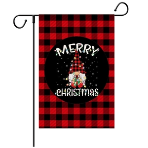 Christmas garden flag with red black plaid pattern and merry christmas gnome design