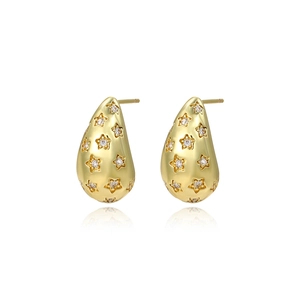 Close-up of gold-plated teardrop stud earrings with sparkling star-shaped zircon accents