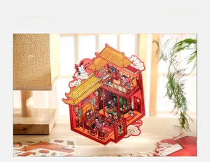 Detailed 3D ancient Chinese scene stickers featuring red palaces and crane motifs