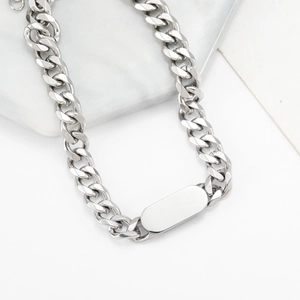 Polished silver titanium steel Cuban chain bracelet with blank engravable rectangle plate