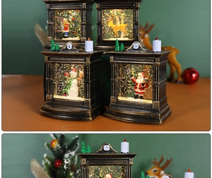 Close-up of vintage bronze Christmas fireplace lanterns with floating glitter and Santa