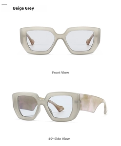 Detailed views of beige grey translucent square sunglasses with thick wave-shaped temples