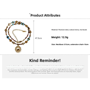 Detailed spec view of sunflower pendant necklace with natural stone beads and dimensions