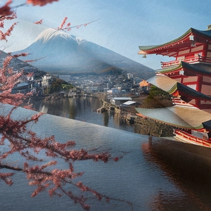 Close-up of bohemian tapestry featuring Mount Fuji and cherry blossom digital print