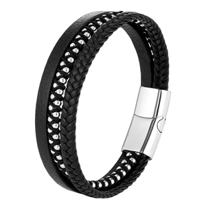 Men's multi-layer black braided leather bracelet with silver beads and magnetic clasp