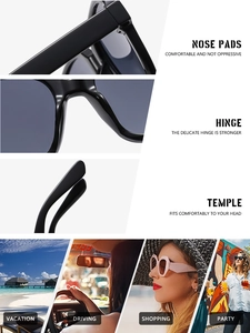 Detail view of reinforced hinges, nose pads, and streamlined temples of square sunglasses