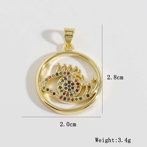 Macro view of evil eye pendant with colorful zircons measuring 2.8cm in height