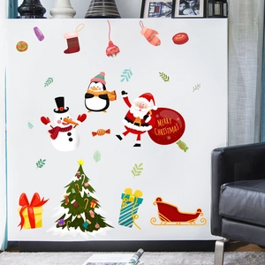 Christmas Wall Stickers Set PVC Cartoon Santa Snowman Penguin Sleigh Festive Decals For Bedroom Living Room Home Decor
