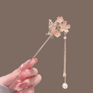 Hair Stick Enamel Flower Butterfly Imitation Artificial Pearl Tassel Vintage Chinese Style Hair Accessory For Women