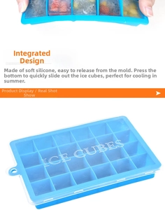 Close-up of 24-cavity blue silicone ice cube tray with a transparent lid and flexible design