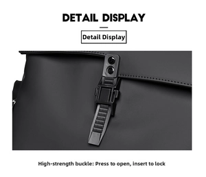 Detail showing durable high-plastic buckle on matte black backpack with quick-release mechanism