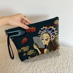 Peking Opera Girl Print Makeup Bag Polyester Linen Zipper Cosmetic Pouch With Wristlet Portable Travel Wash Bag For Women