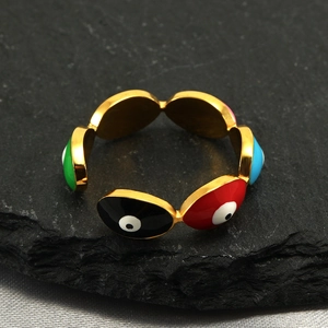 Golden stainless steel evil eye adjustable open ring with multi-color enamel inlay