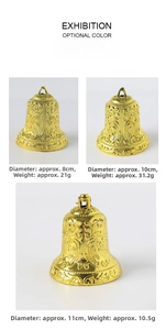 Detailed view of assorted gold Christmas bells with embossed floral star patterns in 3 sizes