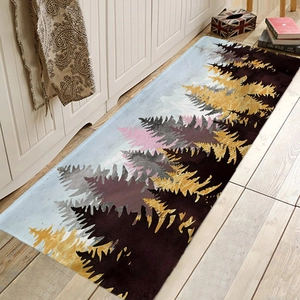 Detail view of the forest pattern absorbent kitchen mat on light wood flooring