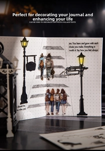 Detailed view of vintage lace scrapbooking paper with retro street lamp and figures