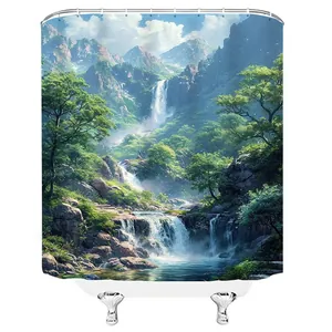 Detail view of high-definition 3D shower curtain featuring a waterfall and forest scenery