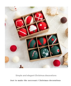 Detailed view of handmade wool felt Christmas balls with festive embroidery on white fur