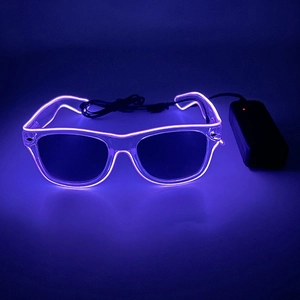 Detail of purple EL wire glowing glasses with external battery pack for party events