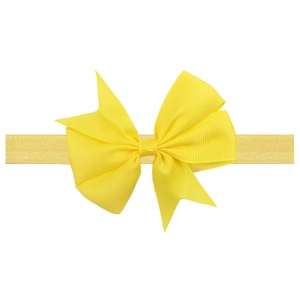 Yellow solid satin ribbon bow headband for infants on a clean white background