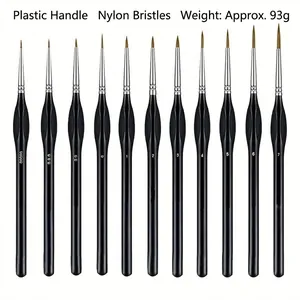 Detail view of 11 professional nylon hair detail paint brushes with plastic handles