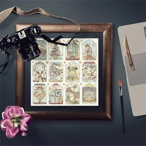 Artistic layout of 12 vintage Christmas greeting cards with floral and angel motifs