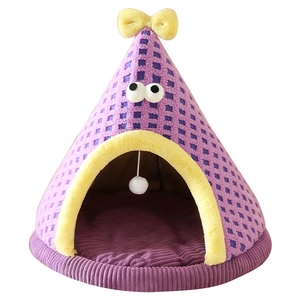Cama tienda de felpa morada para gatos con lazo amarillo y ojos de dibujos animados