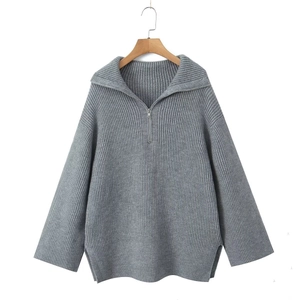 Women's dark gray rib-knit quarter-zip sweater and high-waisted pants lounge set