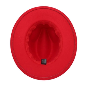 Detailed top view of red wool fedora showing internal sweatband and blend fabric texture