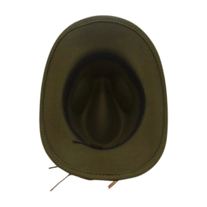 Detail view of the interior sweatband and olive green felt material of the fedora hat