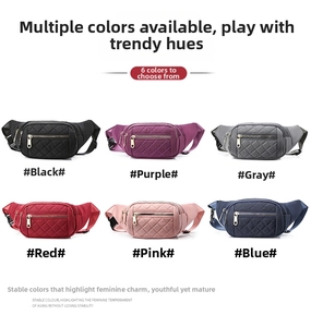 Close-up of quilted fashion waist bags in six vibrant colors with adjustable nylon straps