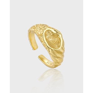S925 Sterling Silver Texture Open Ring For Women Personalized Fingerprint Design Adjustable Fashion Jewelry Retro Concave Surface Ring