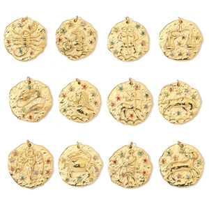 Zodiac Constellation Pendant Stainless Steel 18K Gold Plated With Colorful Rhinestone Retro Coin Round Embossed