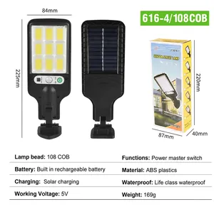 Detail showing 108 COB solar street light with back charging panel and packaging box
