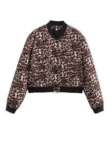 Flat lay of leopard print bomber jacket featuring black ribbed trim and large front pockets