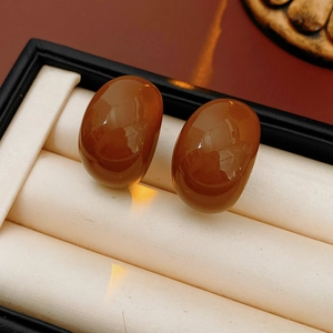 Macro shot of smooth brown resin oval drop earrings in a black gift box